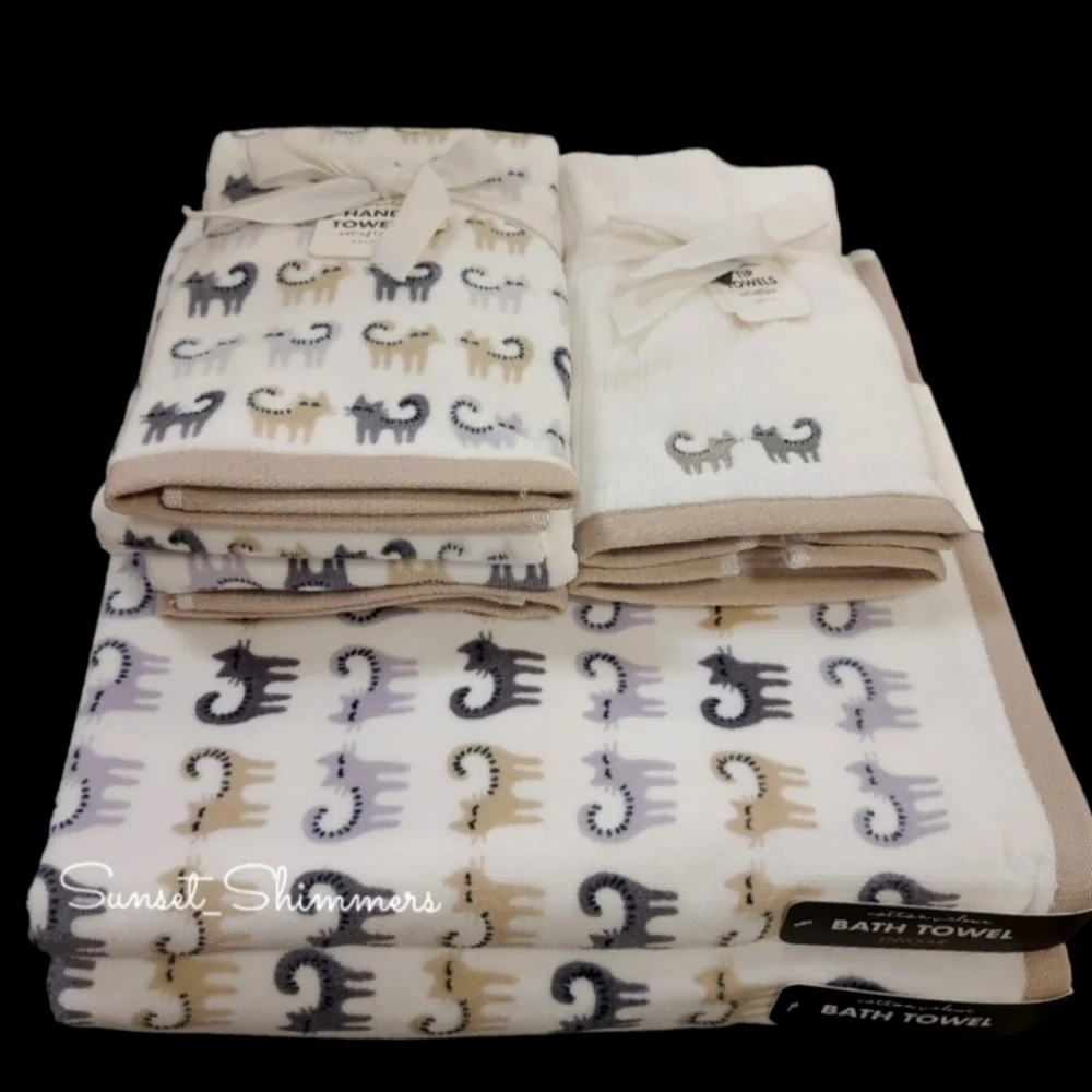 6pc Envouge CAT Bath Hand Tip Towel Set 100% Cotton Tan Black Gray NEW